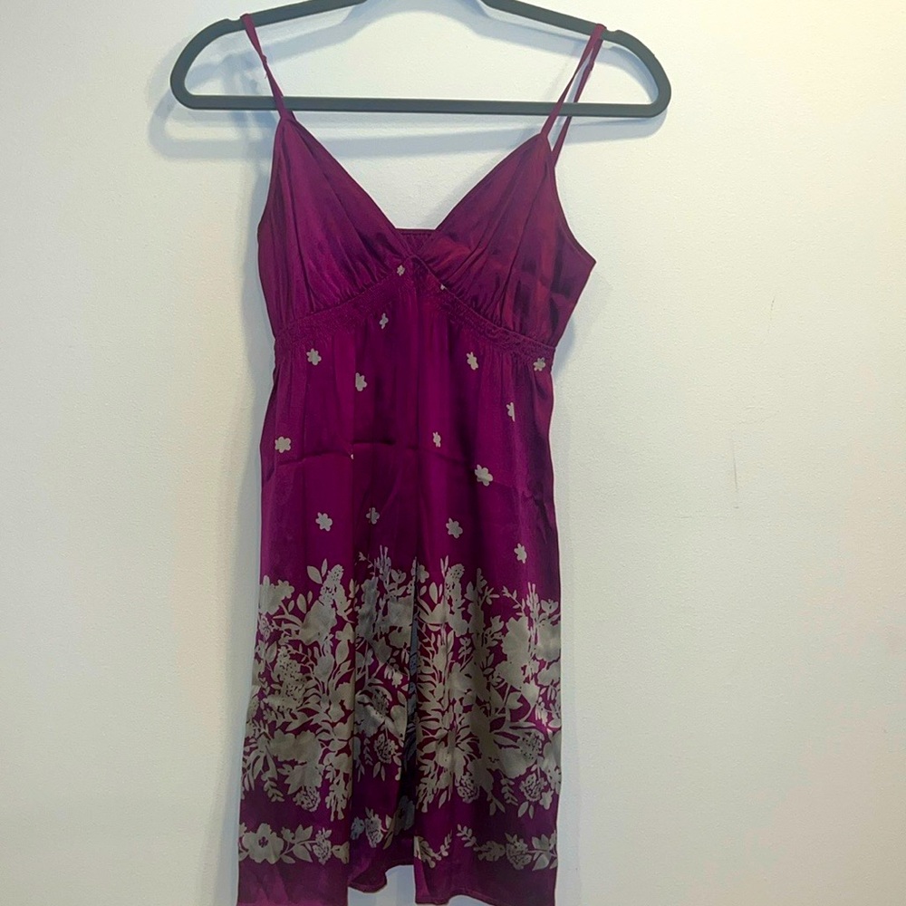 Sleeveless, spaghetti-strap plum/magenta mini dress